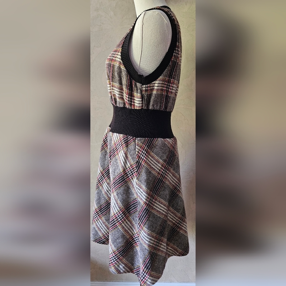 Vintage Brown Plaid Sweater Mini Dress Cinched Waist Pullover - Picture 5 of 8
